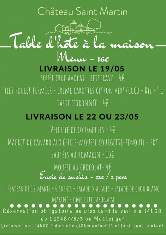 Table d'hôtes 19 et 22-23/05/20, Pouillon, Château Saint-Martin